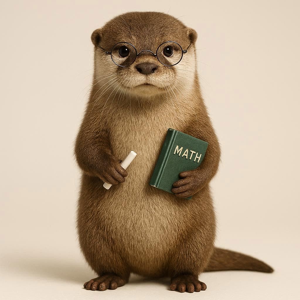 A realistic, photo-realistic otter designed as a cute math teacher. The otter has a round body, soft brown fur, and a gentle, intelligent expression. It is standing upright, wearing small round glasses and holding a piece of chalk or a math book. Full-body shot showing the otter from head to toe. The background is minimal and clean. Studio lighting, shallow depth of field.